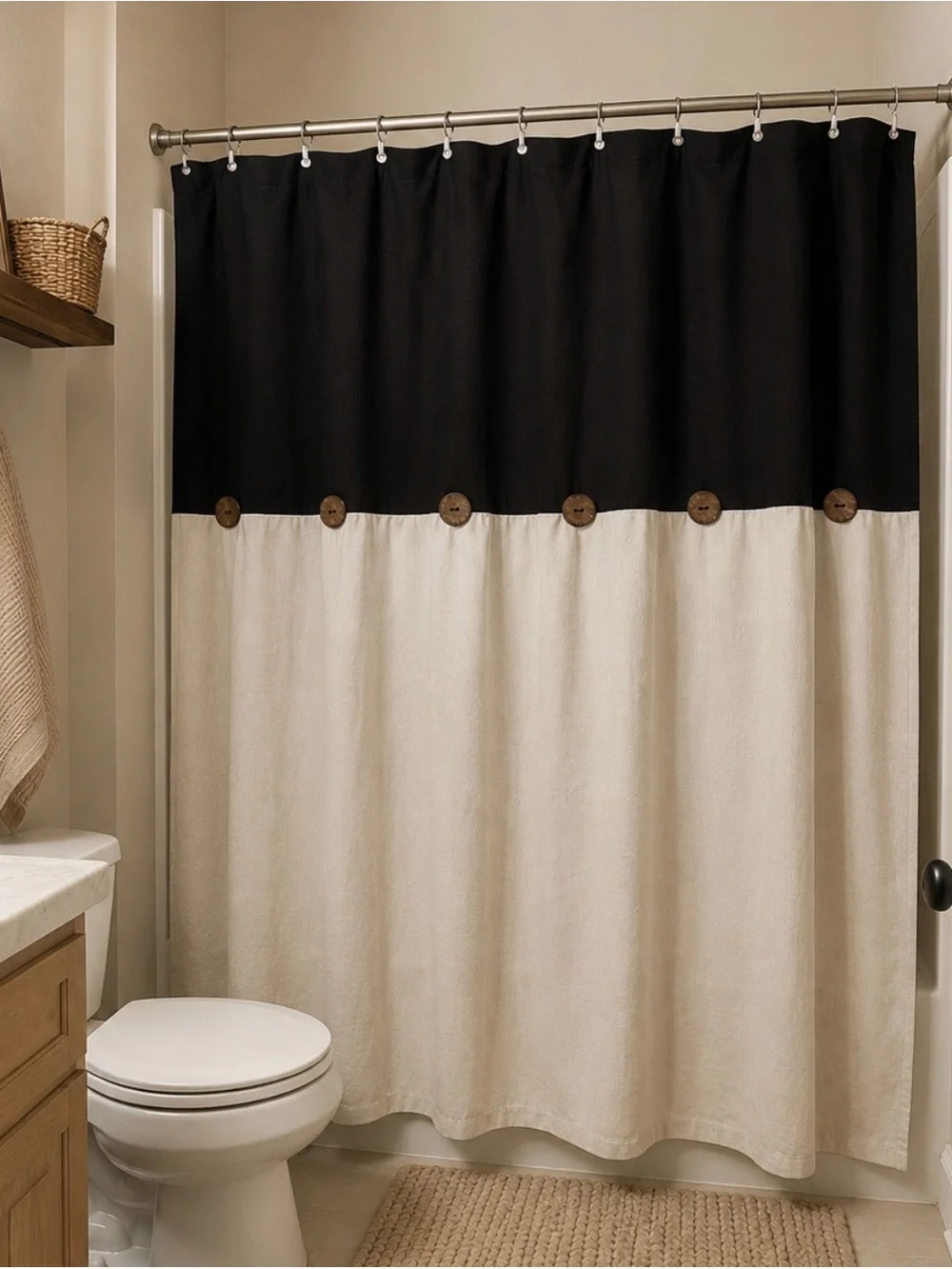 Black and Cream Two-Tone Shower Curtain with Decorative Buttons